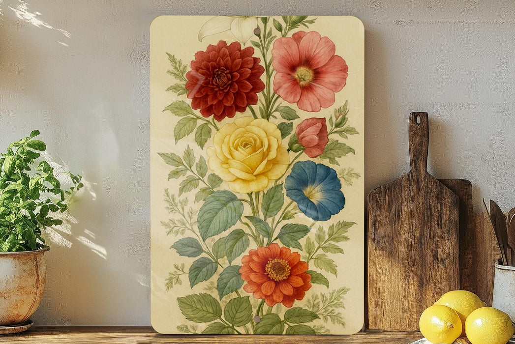 a painting of flowers on a wall next to a cutting board
