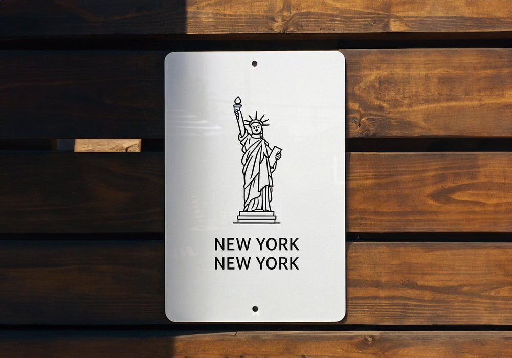 a new york sign on a wooden bench