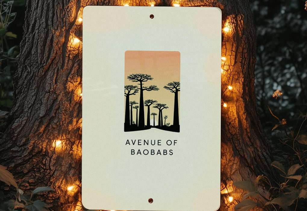 a sign that says avenue of baobabs in front of a tree