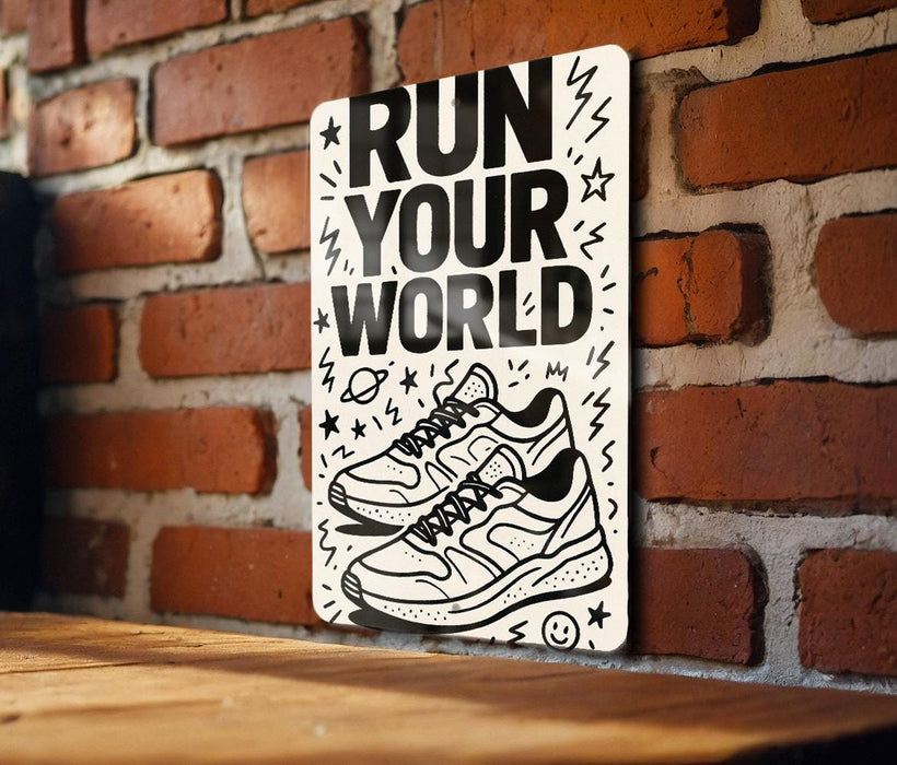 a sign that says run your world on a brick wall