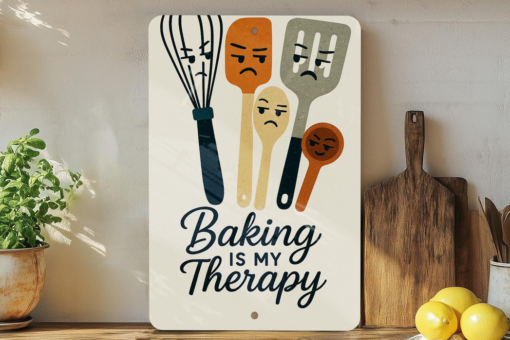 a sign that says baking is my therapy