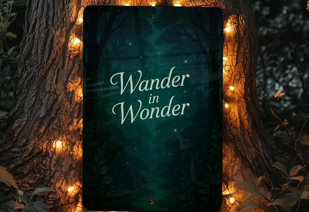a sign that reads wander in wonder in front of a tree