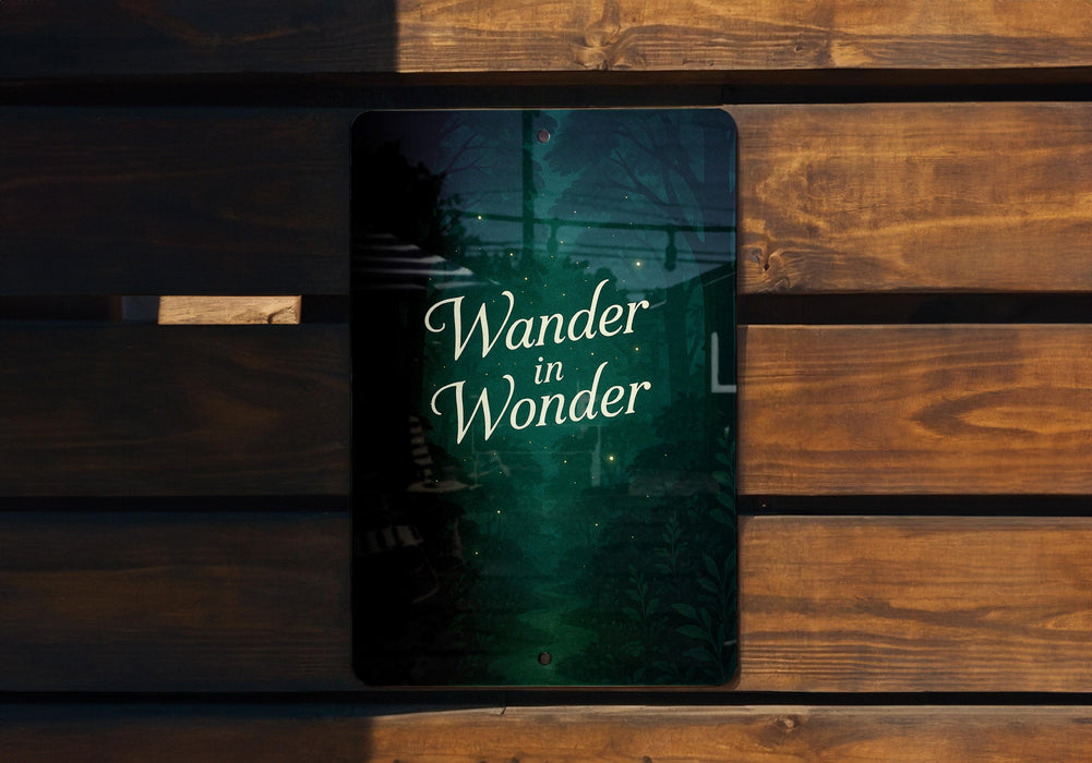 a wooden bench with a sign that says wander in wonder