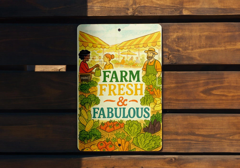 a sign on a wooden bench that says farm fresh and fabulous