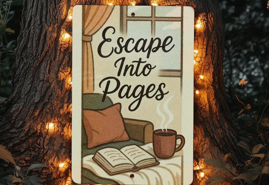 a sign that says escape into pages on a tree