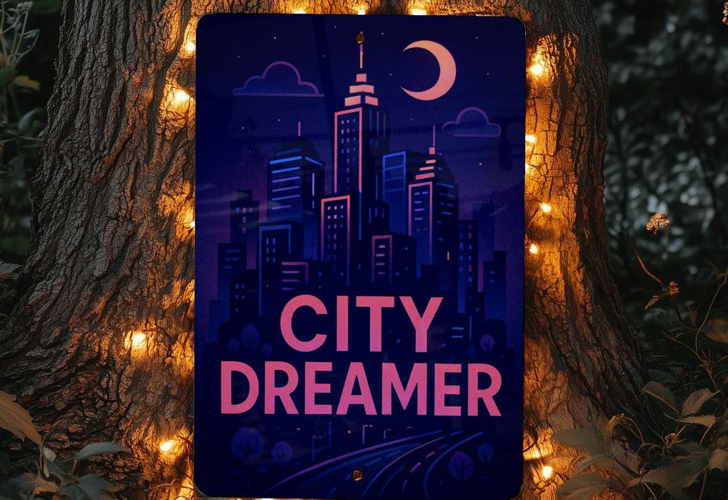 a sign that is on a tree with lights around it