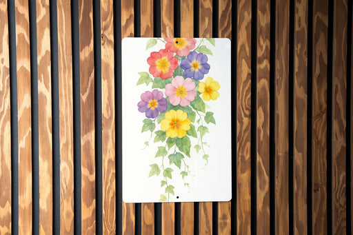 a picture of a bunch of flowers on a wooden wall