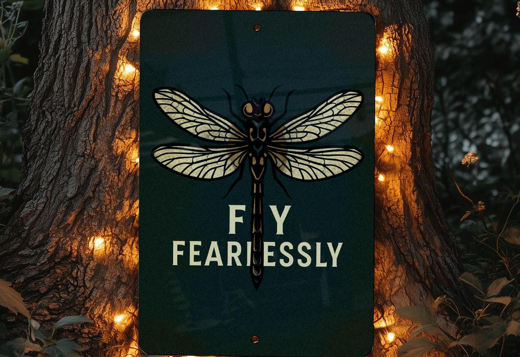 a sign that says fly fearlessly with a dragonfly on it