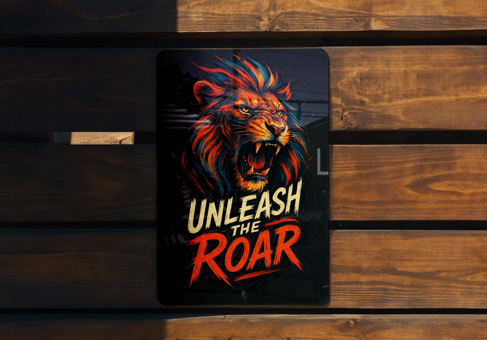 a sign on a wooden bench that says, unleash the roar