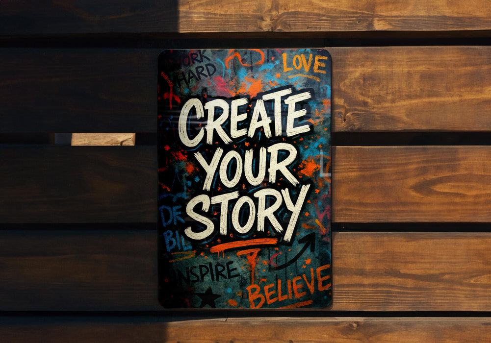 a sign on a wooden bench that says create your story