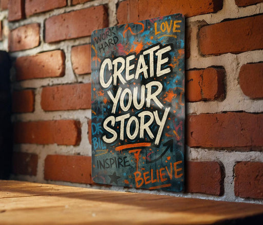 a sign that says create your story on a brick wall