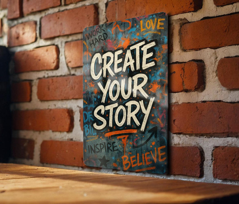 a sign that says create your story on a brick wall