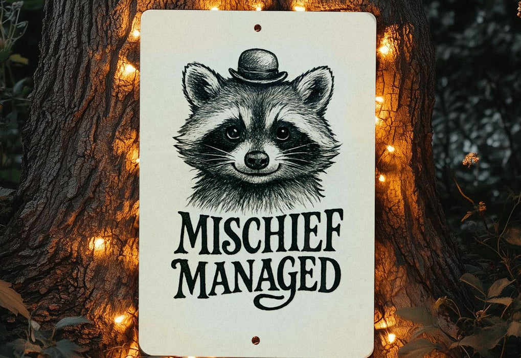 a sign with a picture of a raccoon on it