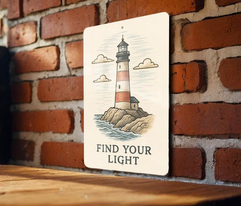 a sign that says find your light on a brick wall