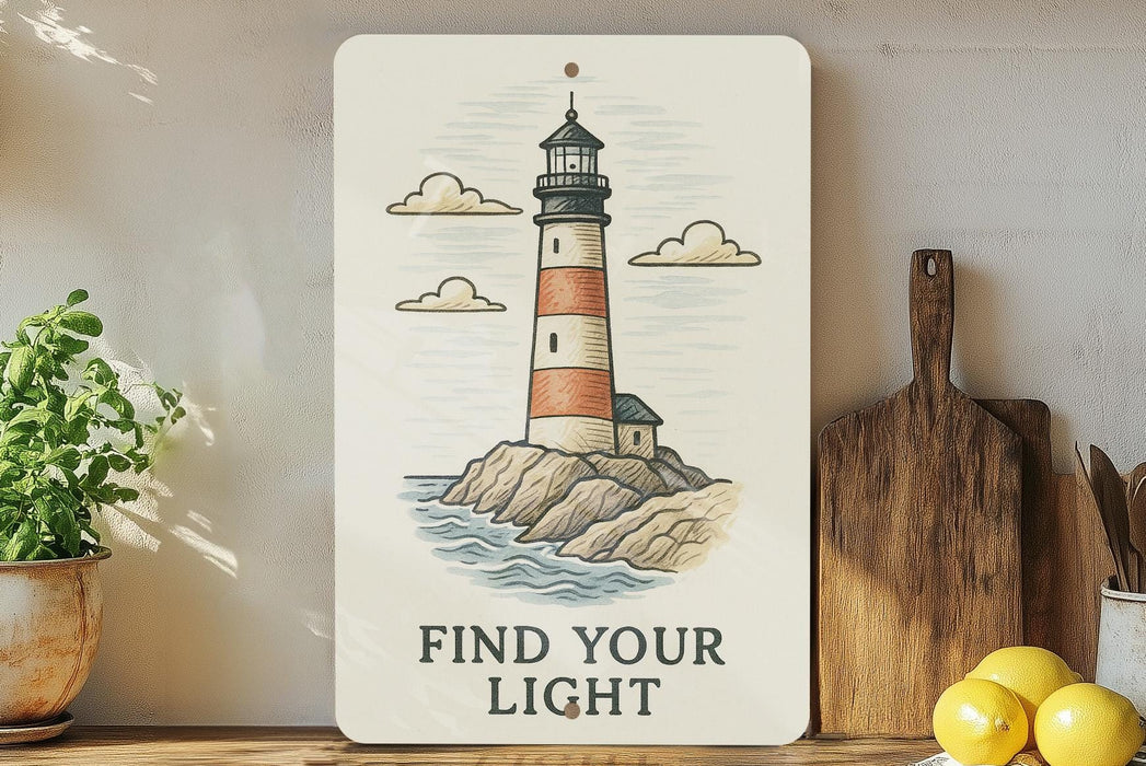 a picture of a light house on a shelf