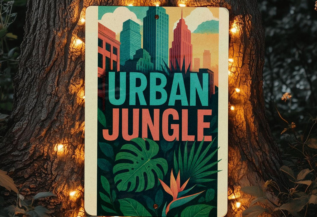 a sign that reads urban jungle in front of a tree