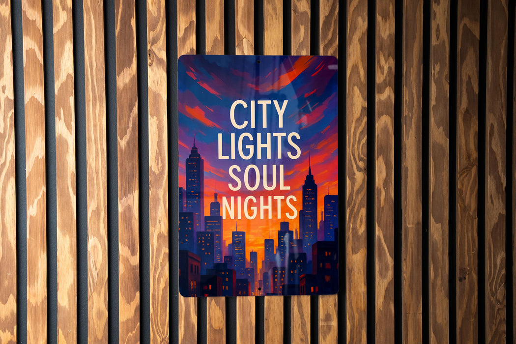 a sign on a wooden wall that says city lights soul nights
