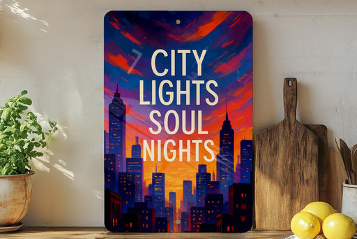 a painting of a city with the words city lights soul nights