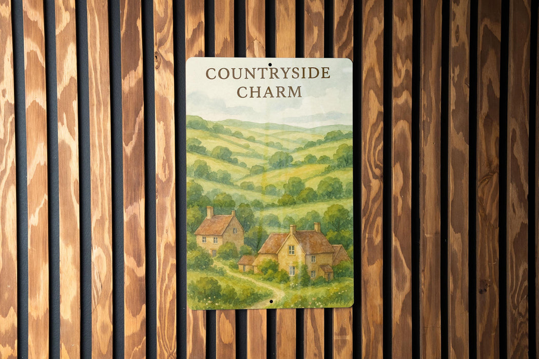 a picture of a country side charm on a wooden wall
