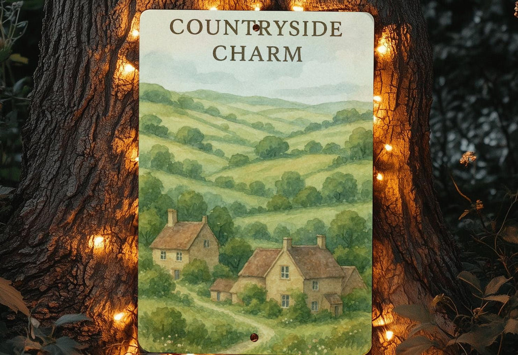 a picture of a country side charm hanging on a tree