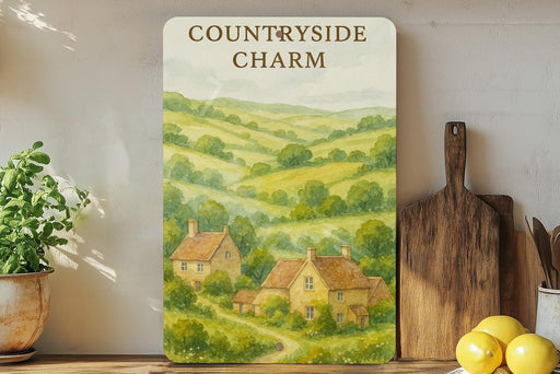 a picture of a country side charm hanging on a wall