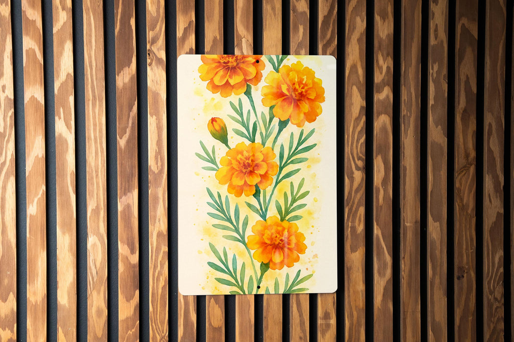 a painting of orange flowers on a wooden wall