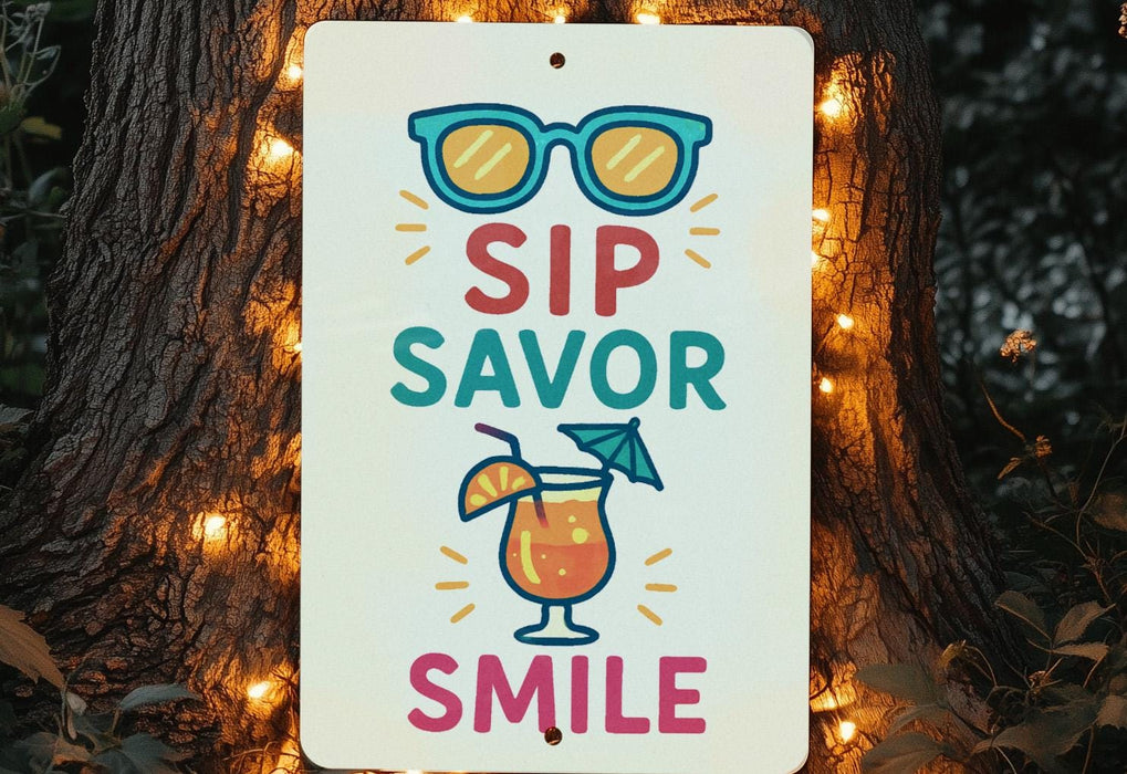 a sign that says sip savor smile