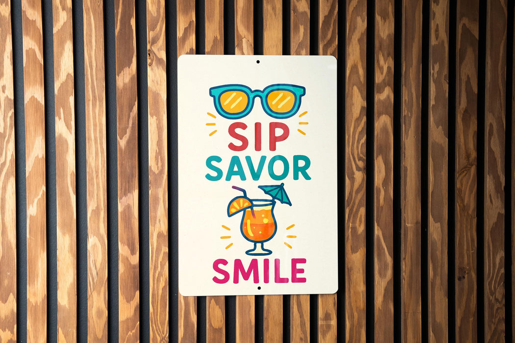 a sign that says sip savor smile