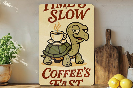 a wooden sign with a turtle holding a cup of coffee