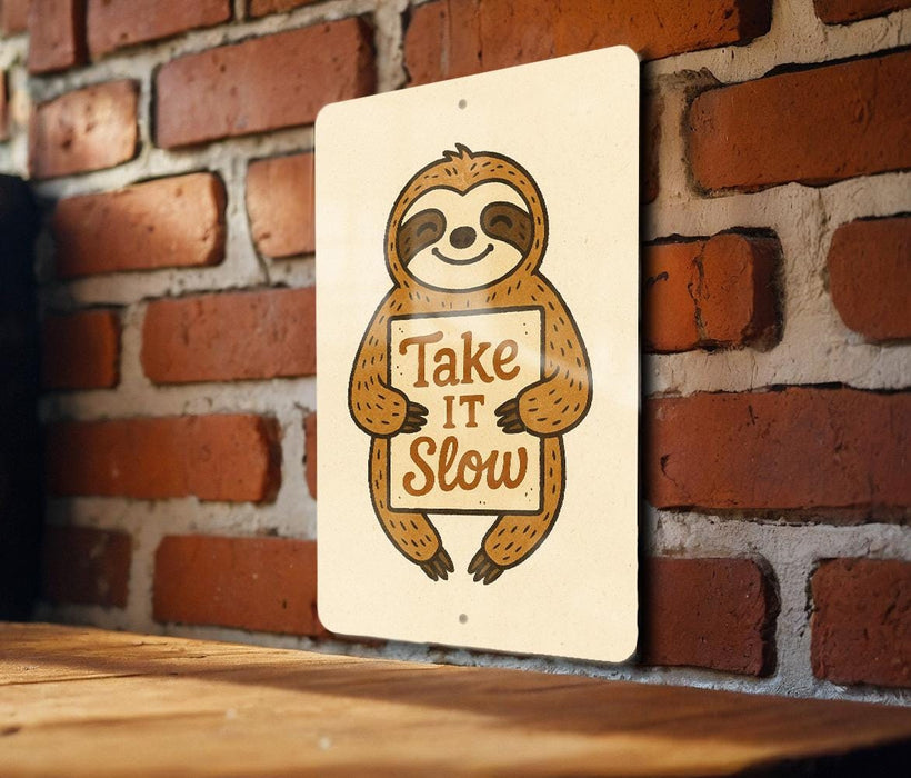 a sign that says take it slow on a brick wall