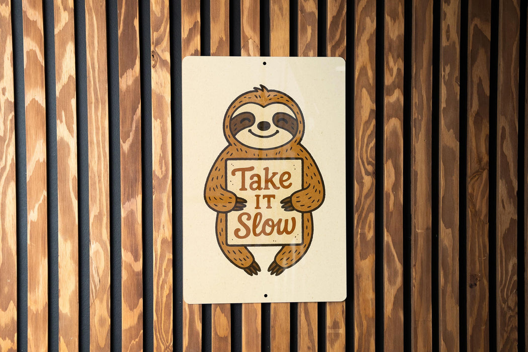 a sign that says take it slow on a wooden wall