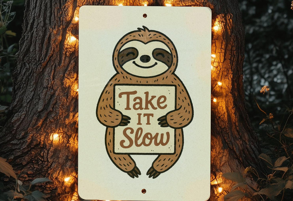 a sign that says take it slow on a tree