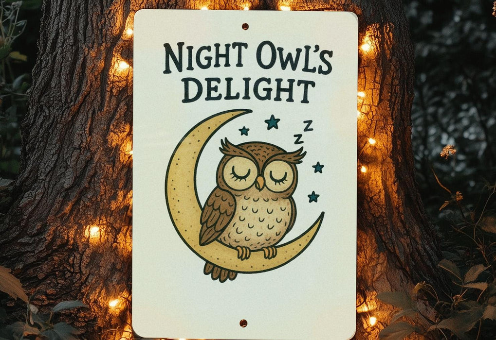 a night owl's delight sign hanging from a tree