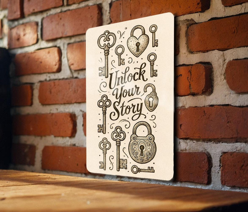 a picture of a sign that says unlock your story