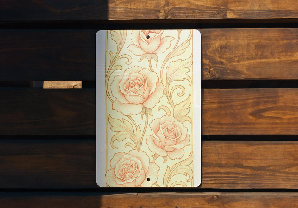 a wooden bench with a painting of roses on it