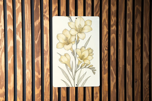 a painting of yellow flowers on a wooden wall
