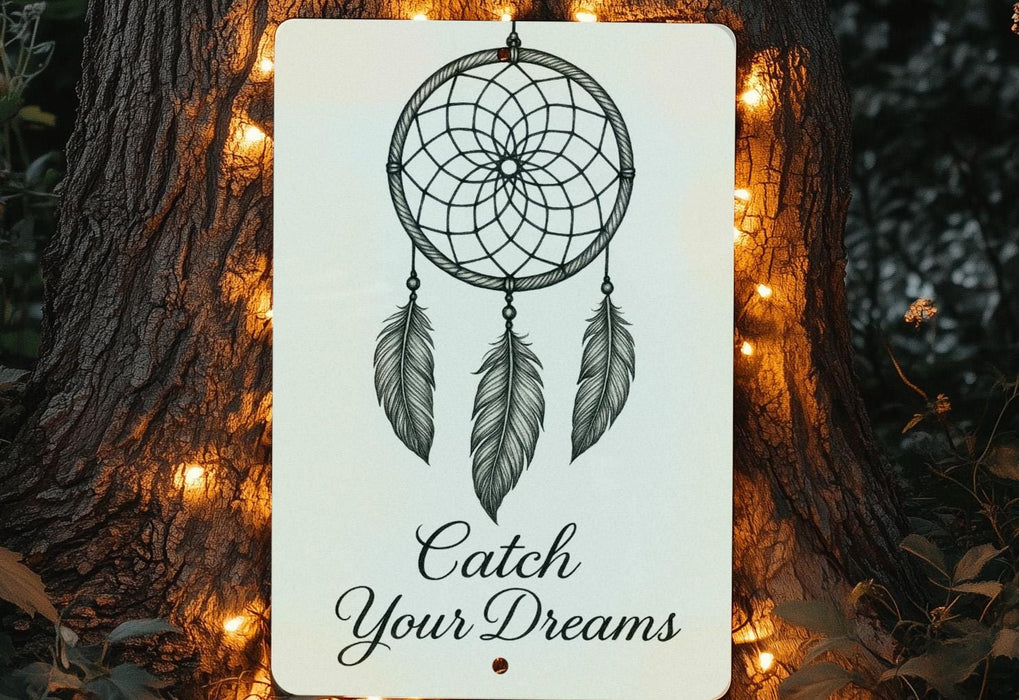 a sign that says catch your dreams on a tree