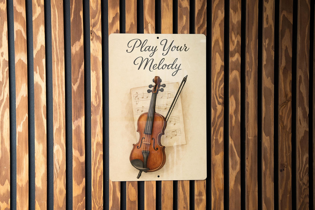 a picture of a violin on a wooden wall