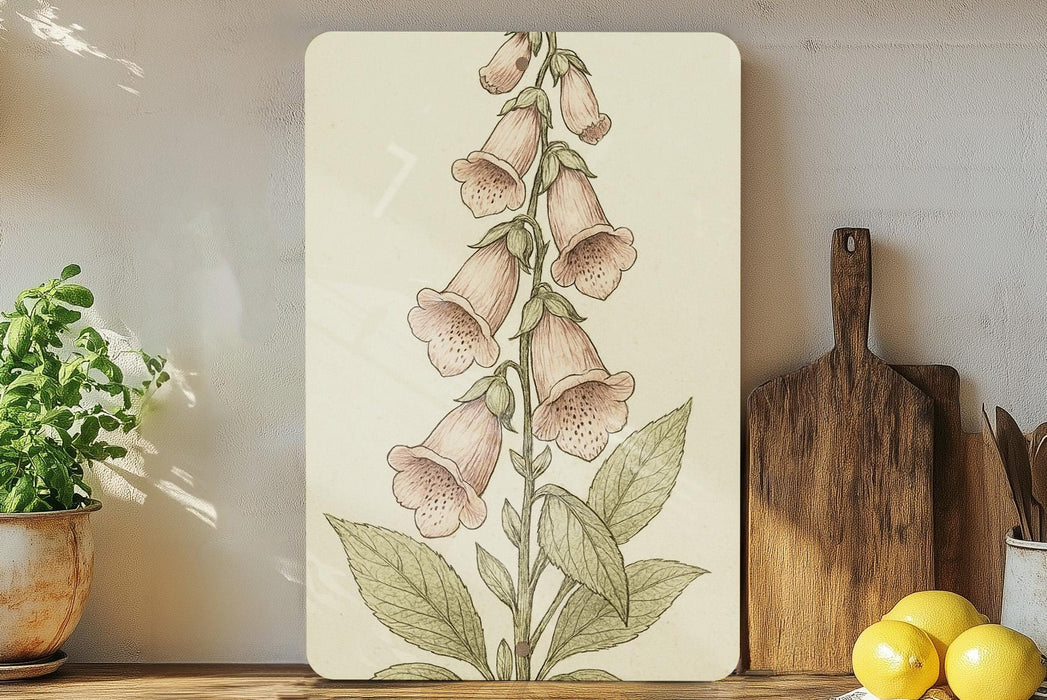 a painting of a flower on a wall next to a cutting board