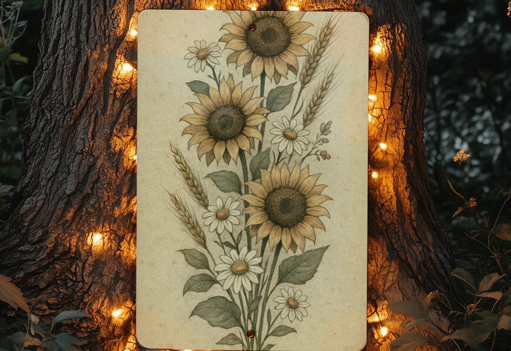 a painting of sunflowers on a tree with a string of lights