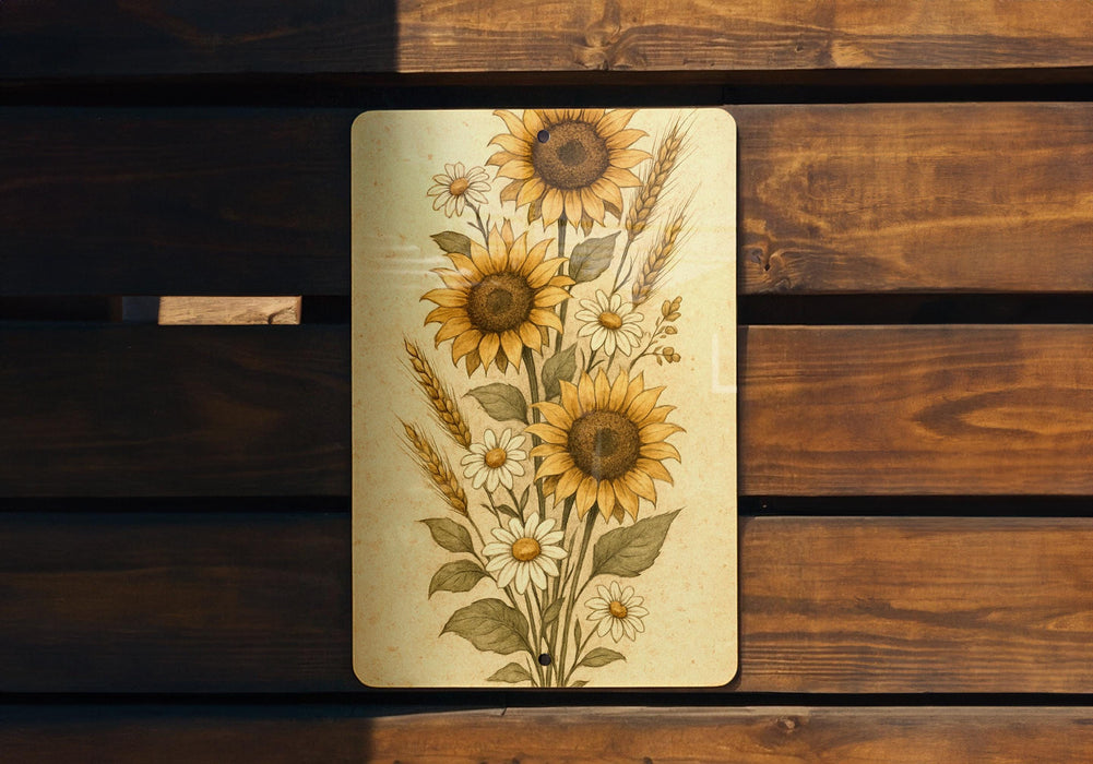 a picture of sunflowers on a wooden bench