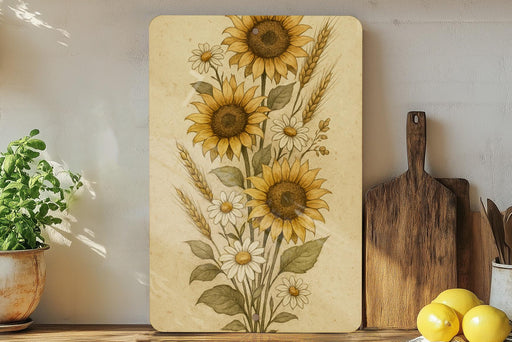 a painting of sunflowers on a wall next to a cutting board