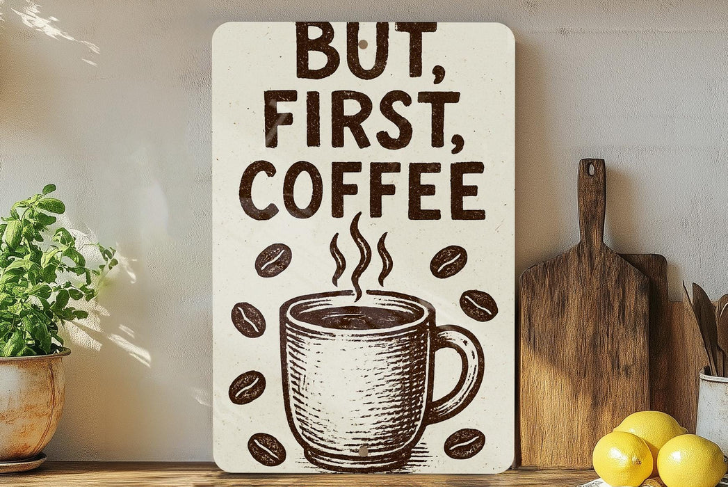 a sign that says, but first, coffee