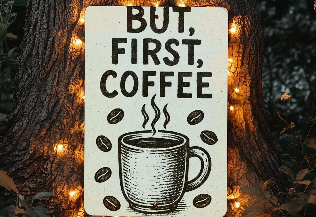 a sign that says, but first, coffee