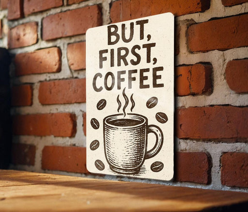 a sign on a brick wall that says, but first coffee