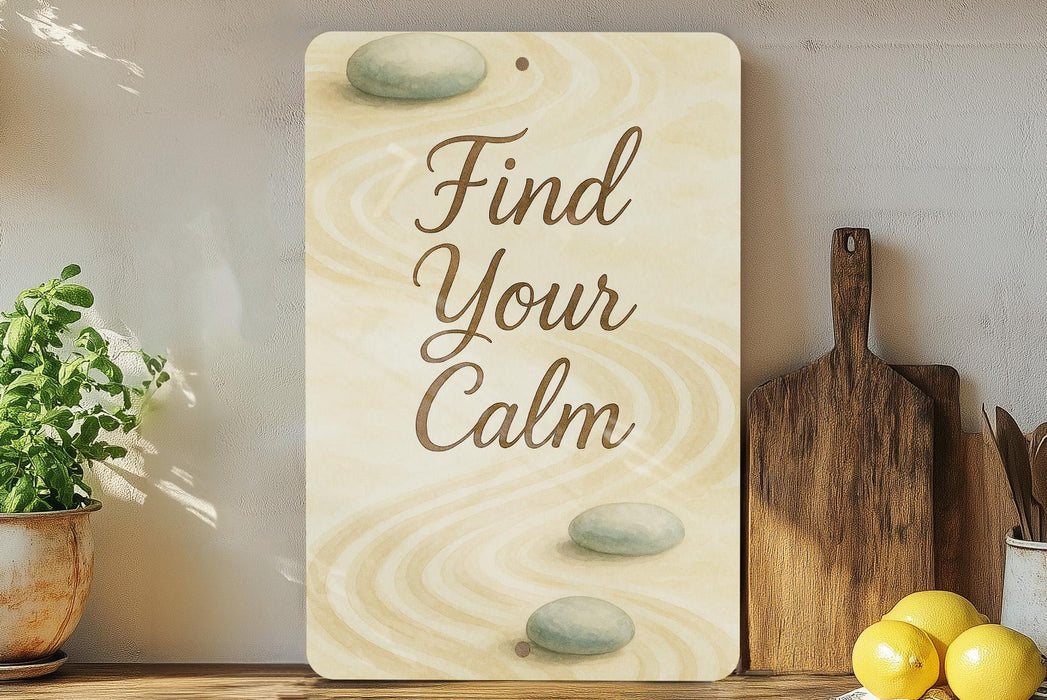 a wooden sign that says find your calm