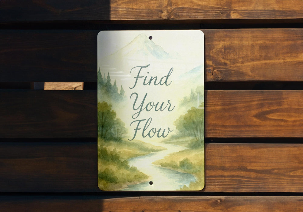 a sign that says find your flow on a wooden bench