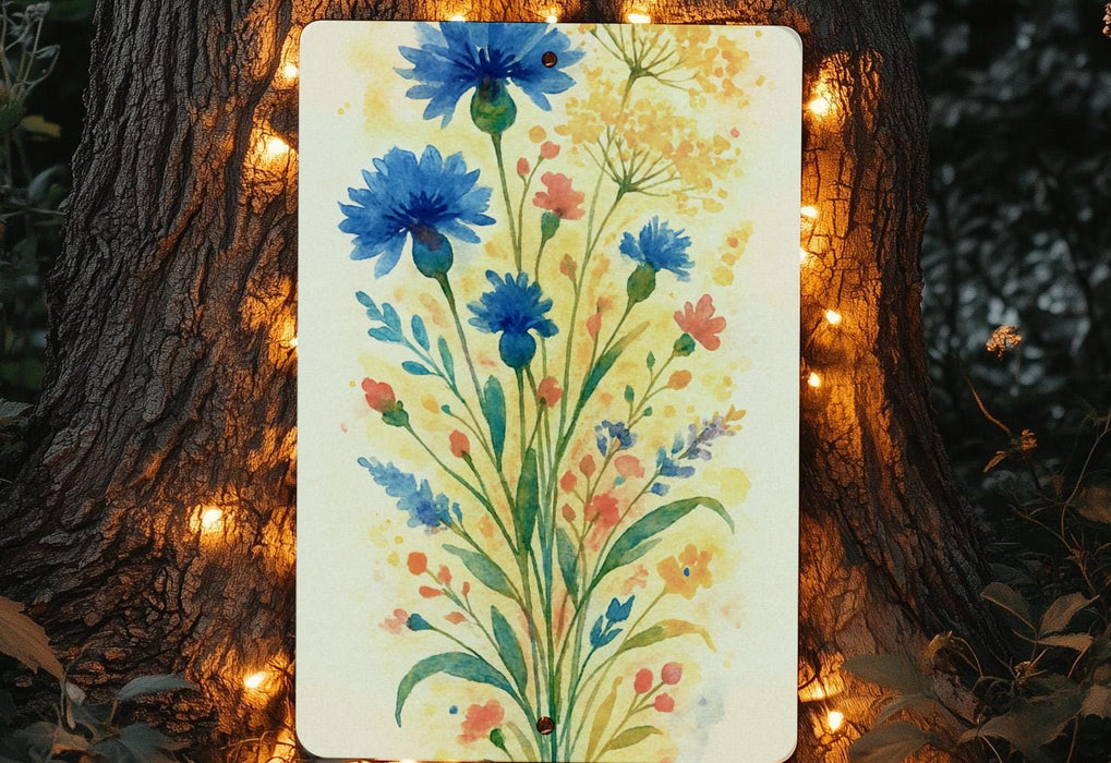 a painting of blue flowers on a yellow background