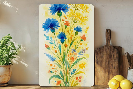 a painting of blue flowers on a yellow background