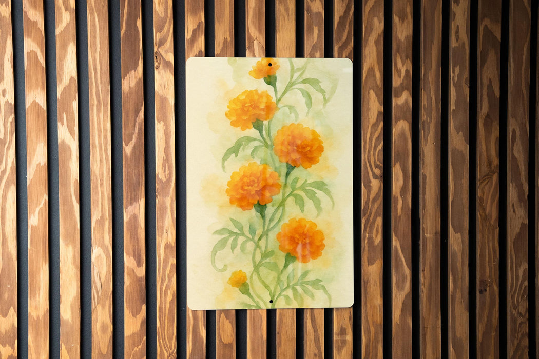 a painting of yellow flowers on a wooden wall